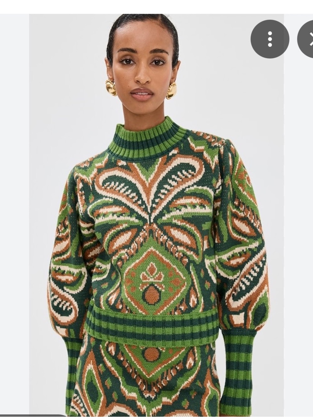FARM Rio Green Multicolor Patterned Puff-Sleeve Sweater